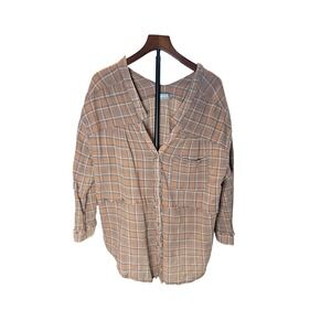 blue b. COLLECTION Brown Plaid Gauze Button Down Shirt Raw Hem Size M